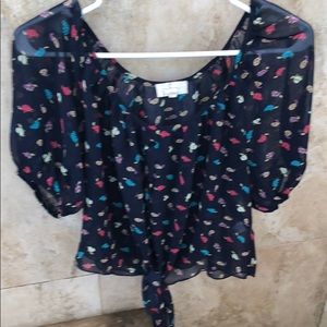 Sheer navy scoop neck ( long) crop top with tie